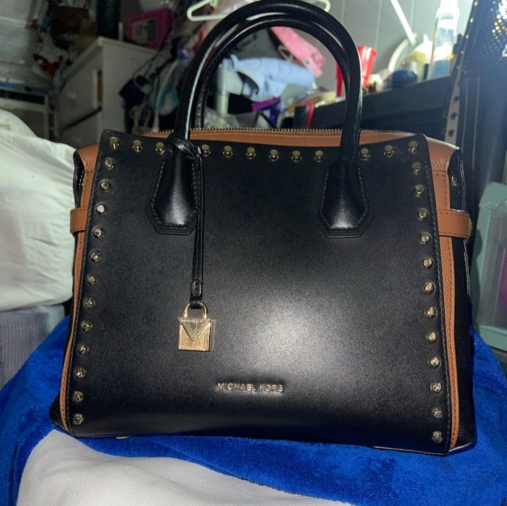 Michael Kors Black and Brown Studded Satchel